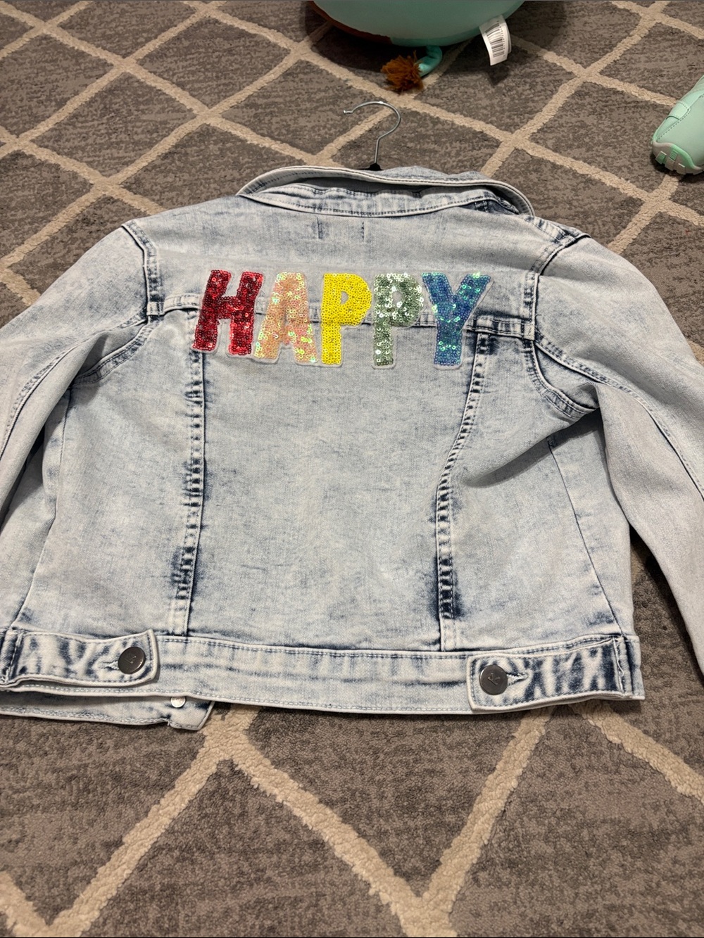 kidpik Light Wash Denim Jacket with Multicolor Sequin 'HAPPY' Patch
